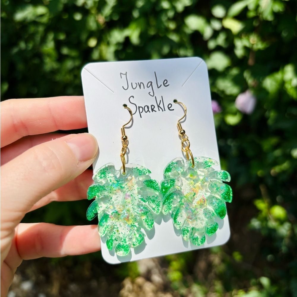 Jungle Sparkle Earrings 🌿 Handmade Resin Monstera Leaves